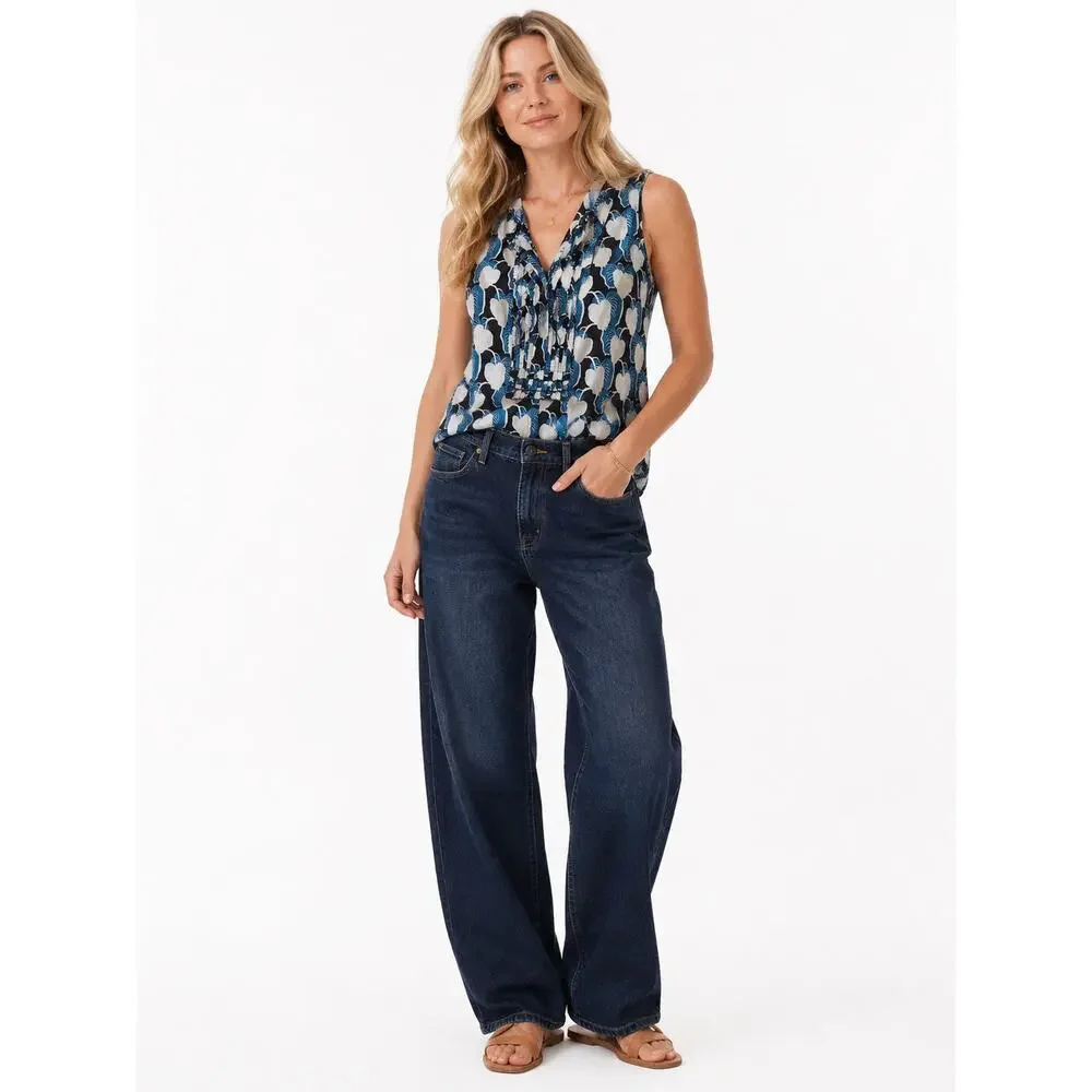 Tory Burch Leaf Print Snap Top Womens Size 6 Blue White Sleeveless Shell